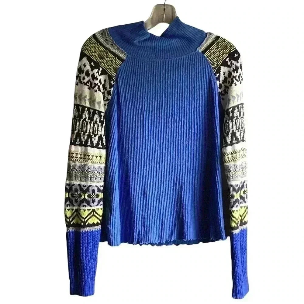 Free People Prism Sweater Blue Bell Combo Size S/P Classic Ribbed Turtleneck